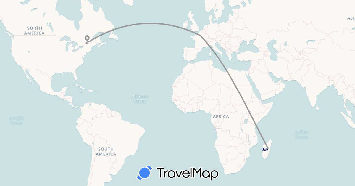 TravelMap itinerary: driving, bus, plane in Canada, France, Madagascar (Africa, Europe, North America)